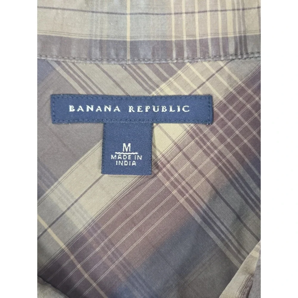 Banana Republic Western Shirt Mens M Brown Plaid Pearl Snap Short Sleeve Classic